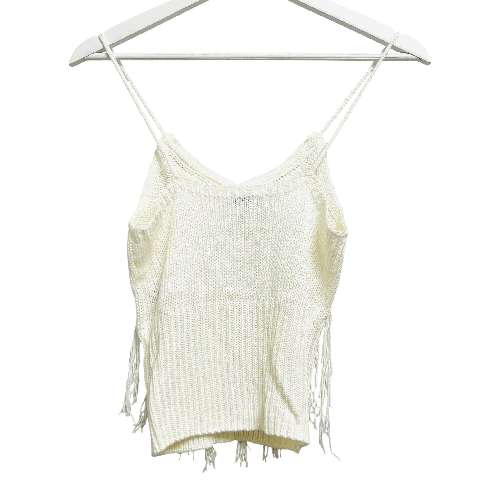 525 America Knit Cami Women XS White Fringe V-Neck Spaghetti Strap Boho Festival
