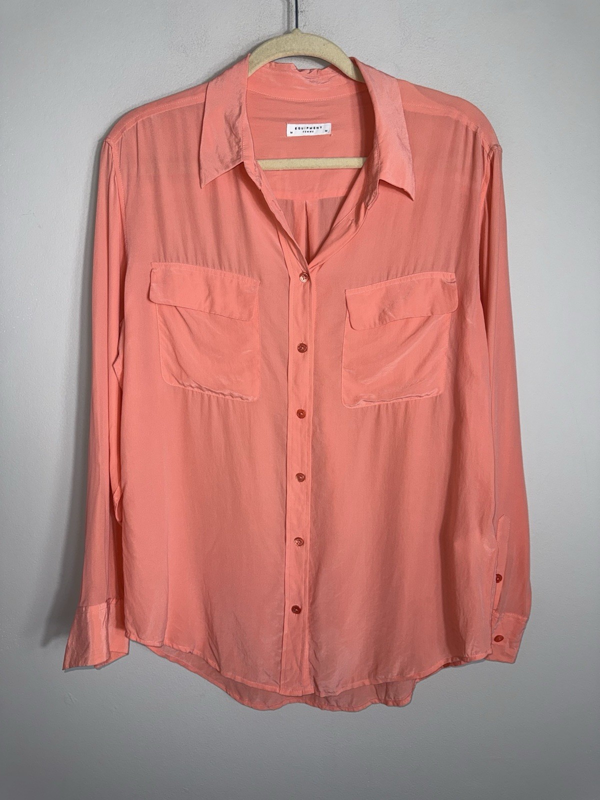 Equipment Femme 100% Silk Button Front Blouse-Light Orange-Long Sleeves-MED