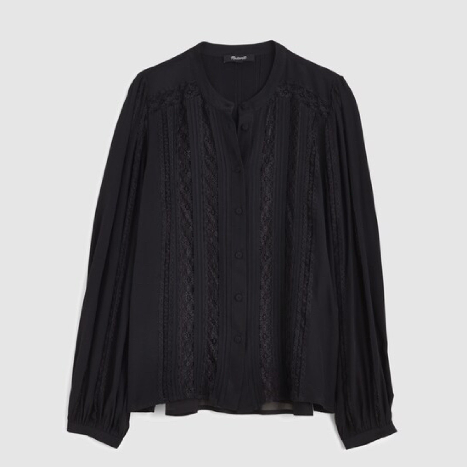 Madewell Lace-Insert Button-Up Long Sleeve Top Black Women Size Small NY338 New