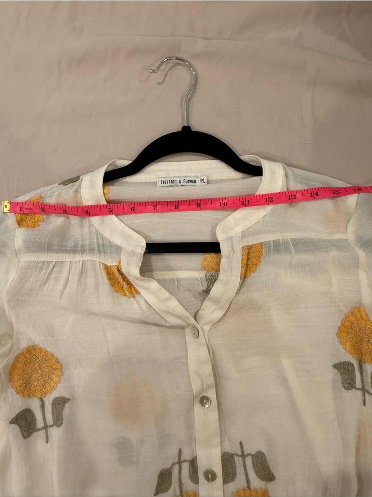 Figueroa & Flower Embroidered Floral Tie Front Blouse White Yellow Size PL