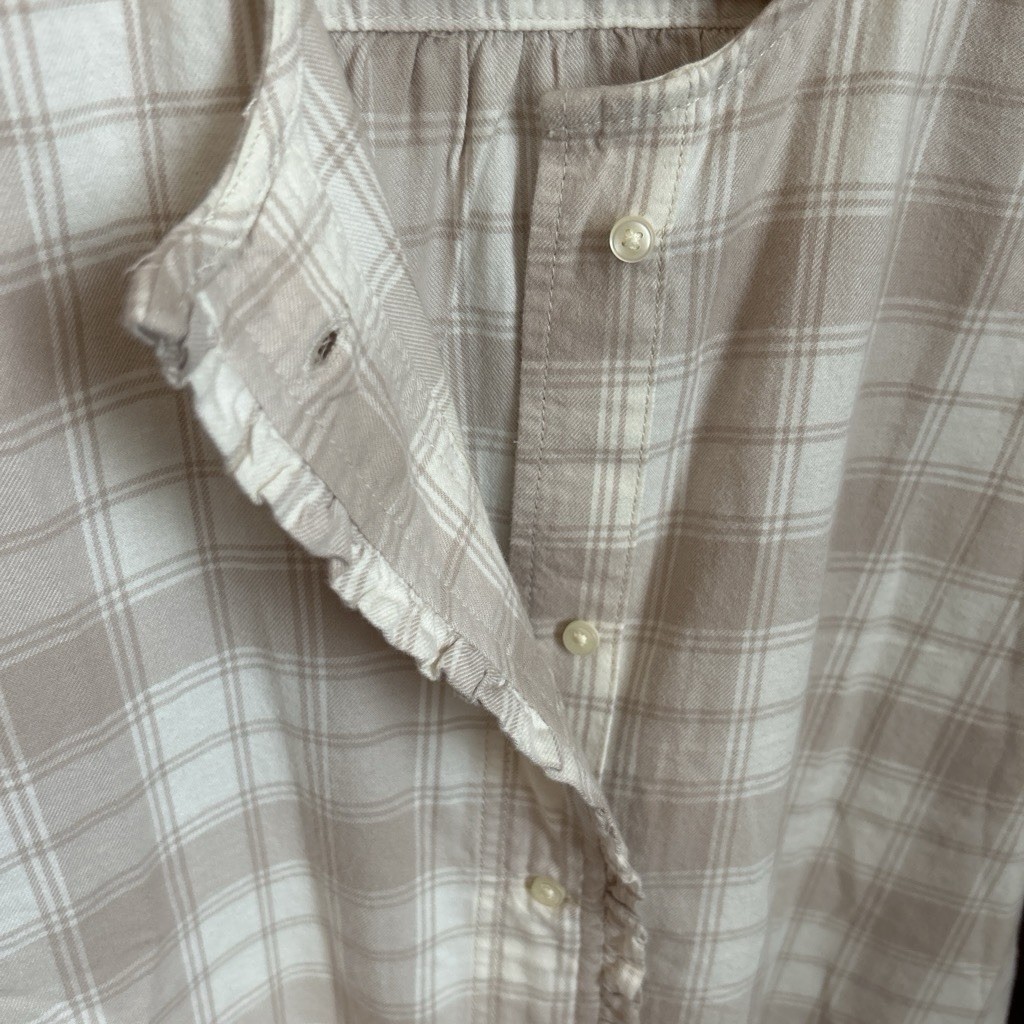 Free Assembly Beige/White Plaid 100% Cotton Ruffle Button-Up Top Womens XS