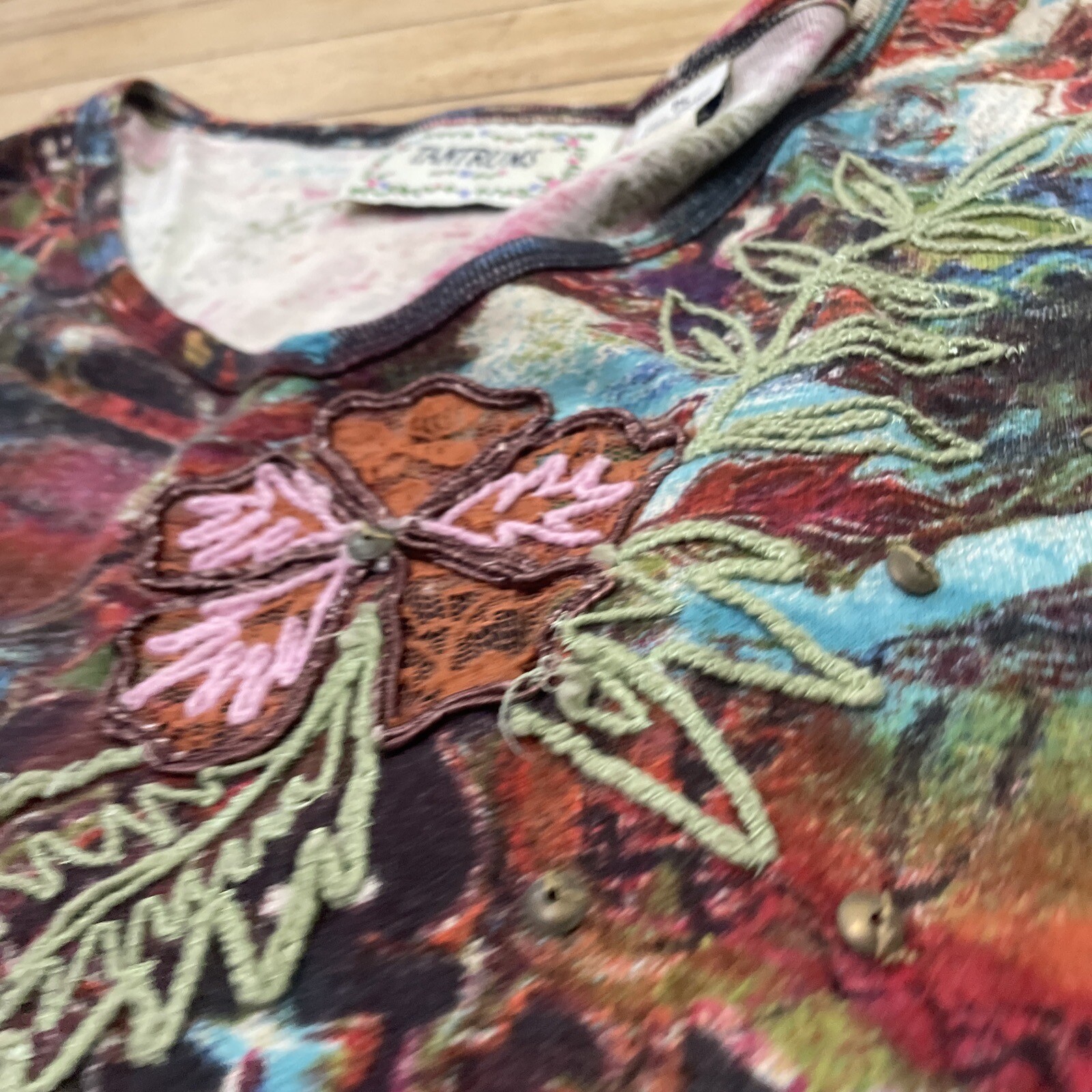 TANTRUMS Tunic Top Women PL Vtg 90s Friends Phoebe Hippie Floral Applique P L