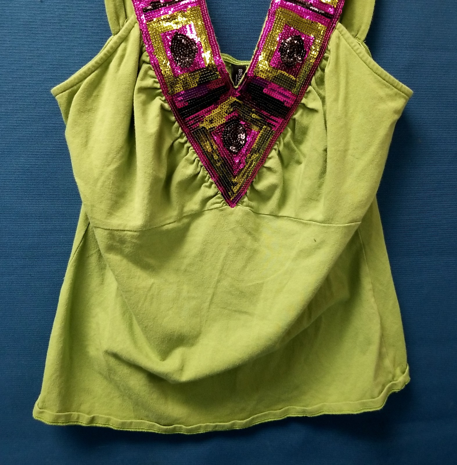 Vtg Y2K Bisou Bisou Green/Pink Sequin V-Neck Tank Top Womens Sz L