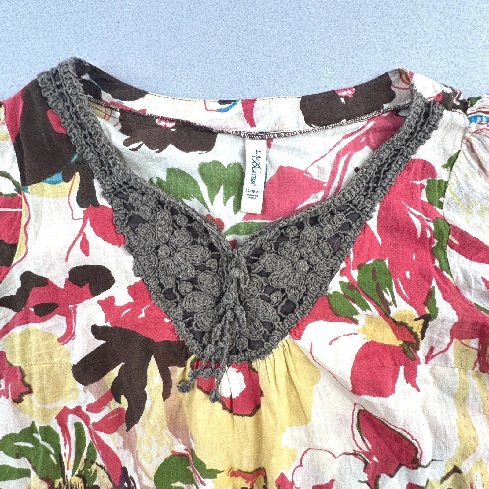 LA Blues Floral Crochet V-Neck Top Womens 14/16W Multicolor Cotton Boho Blouse