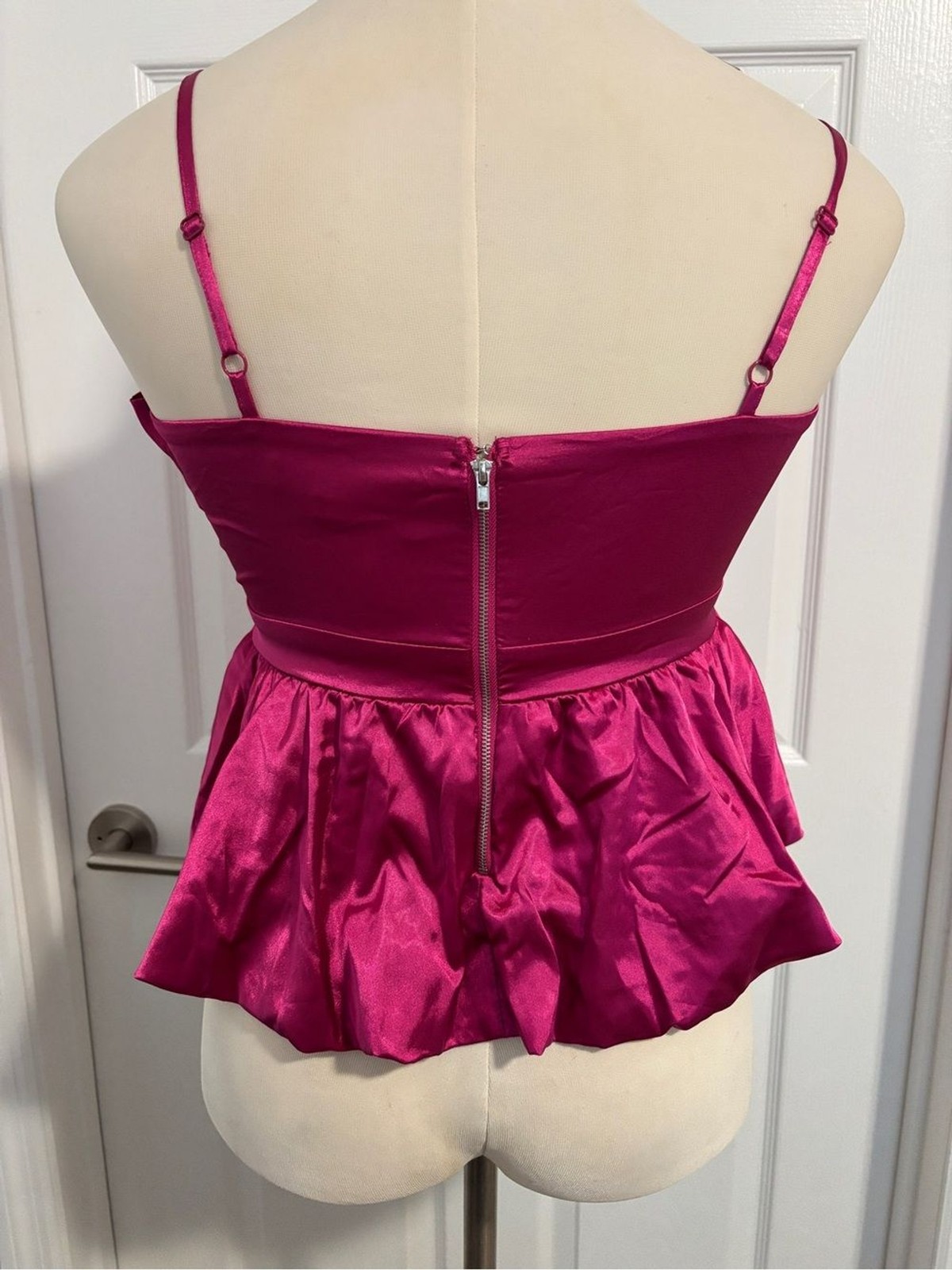 Fuchsia Size L Satin Ruffle Peplum Cami Top