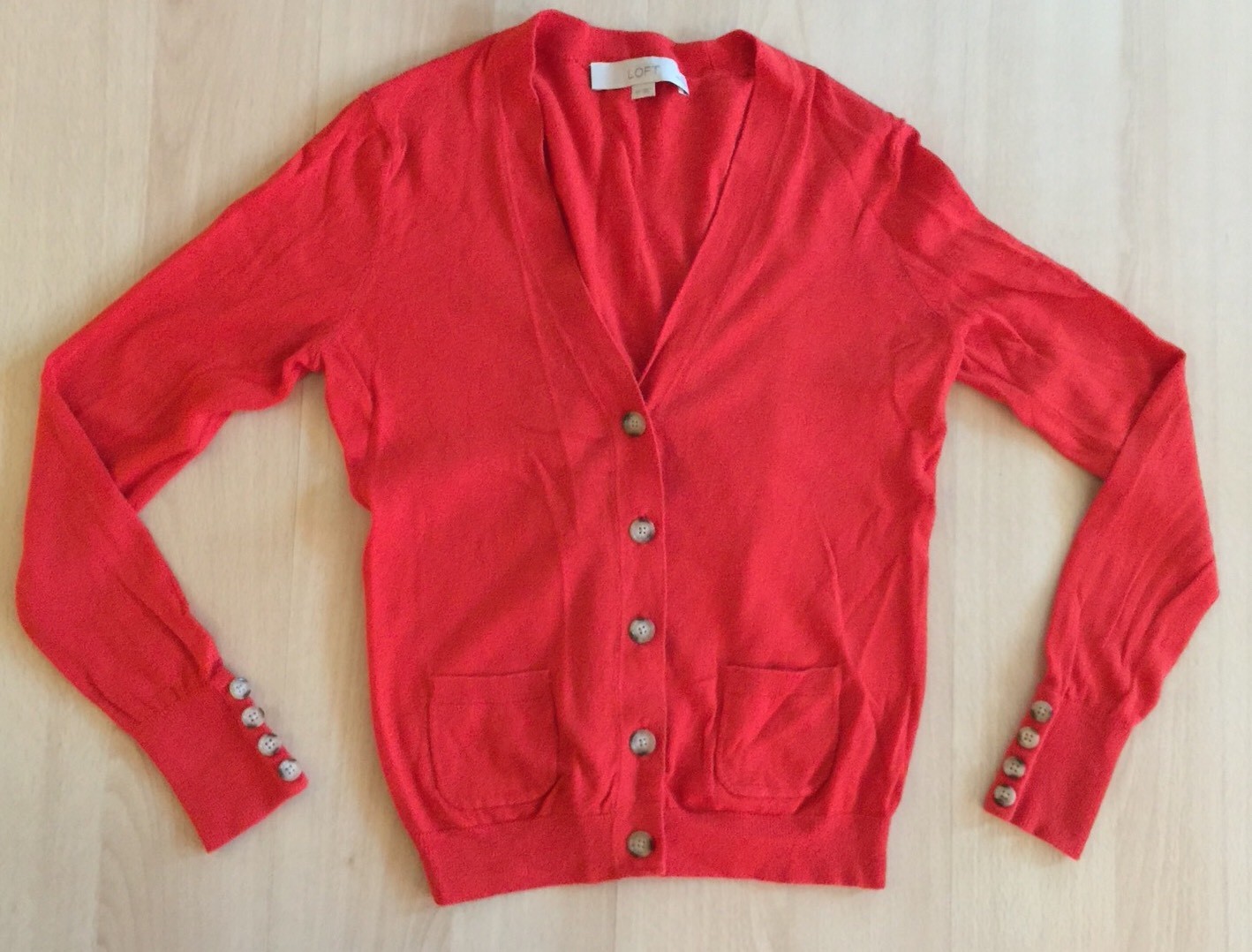 LOFT Orange Cardigan Size Small Petite with Long Sleeves and Beige Buttons