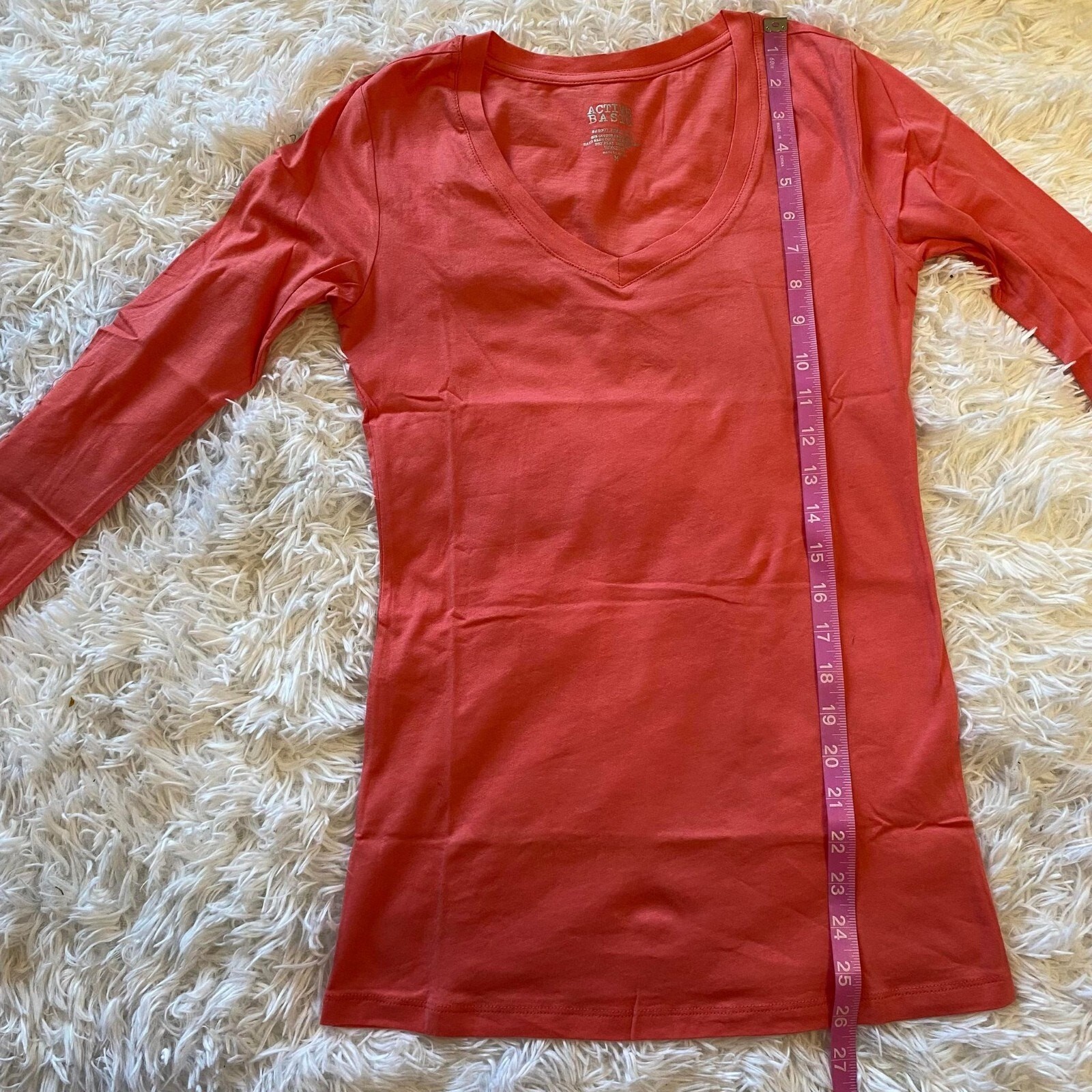Active Basic V Neck TShirt Long Sleeve Cotton Top Lightweight Peach Medium