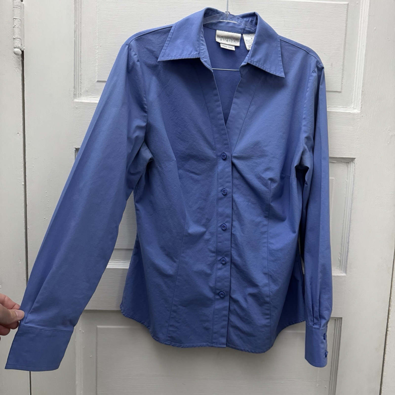 Worthington Stretch Easy Care Blue Button Front Career Shirt Women’s 8 Medium