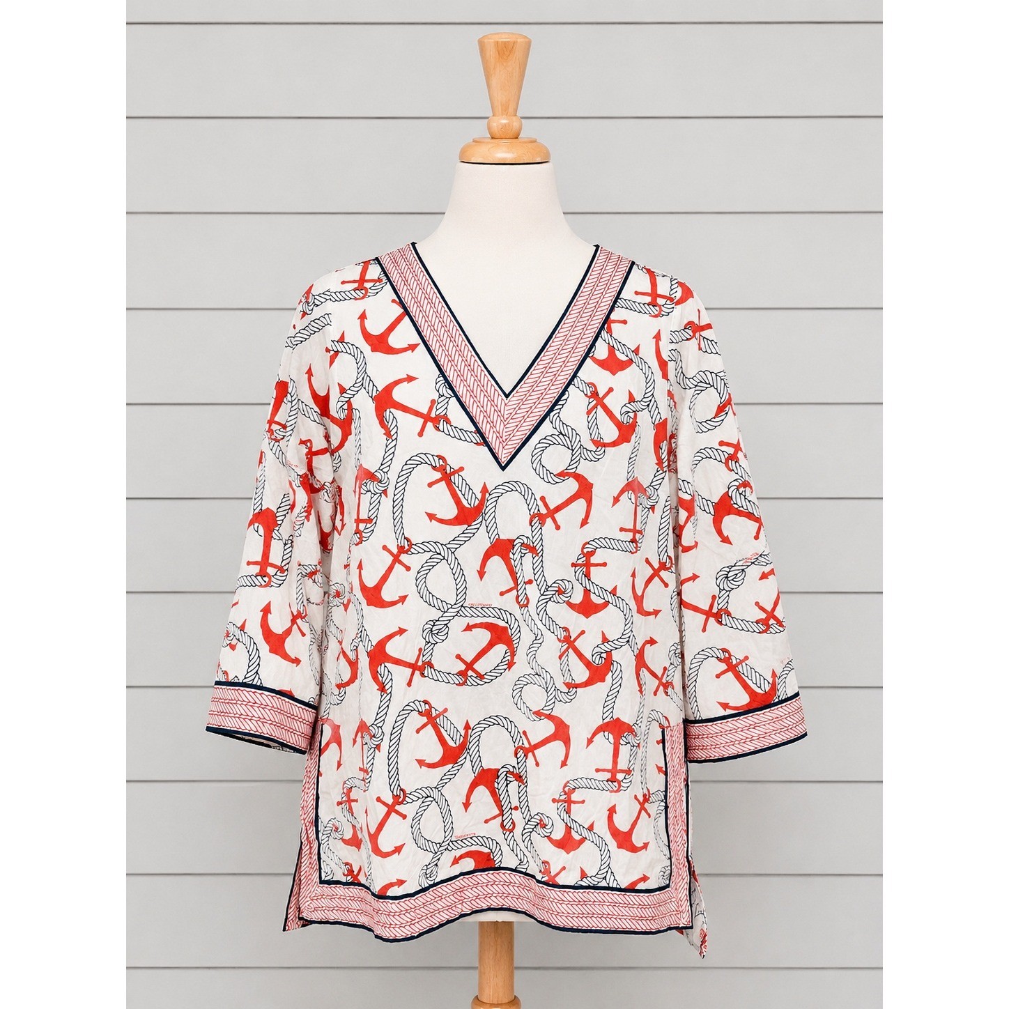 Gretchen Scott Popover Top Size Medium Orange Navy Blue Anchor Nautical Coastal