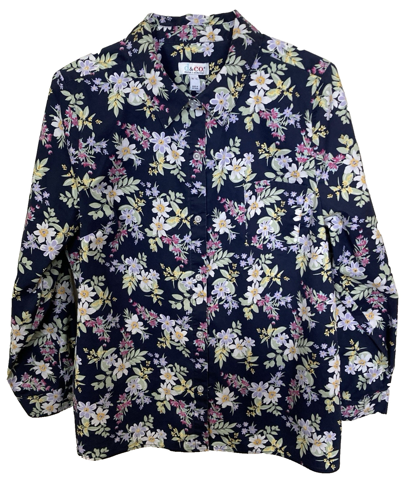 Denim + Company Women’s Shirt XL d & co. Floral Blouse Cotton Blend Stretch