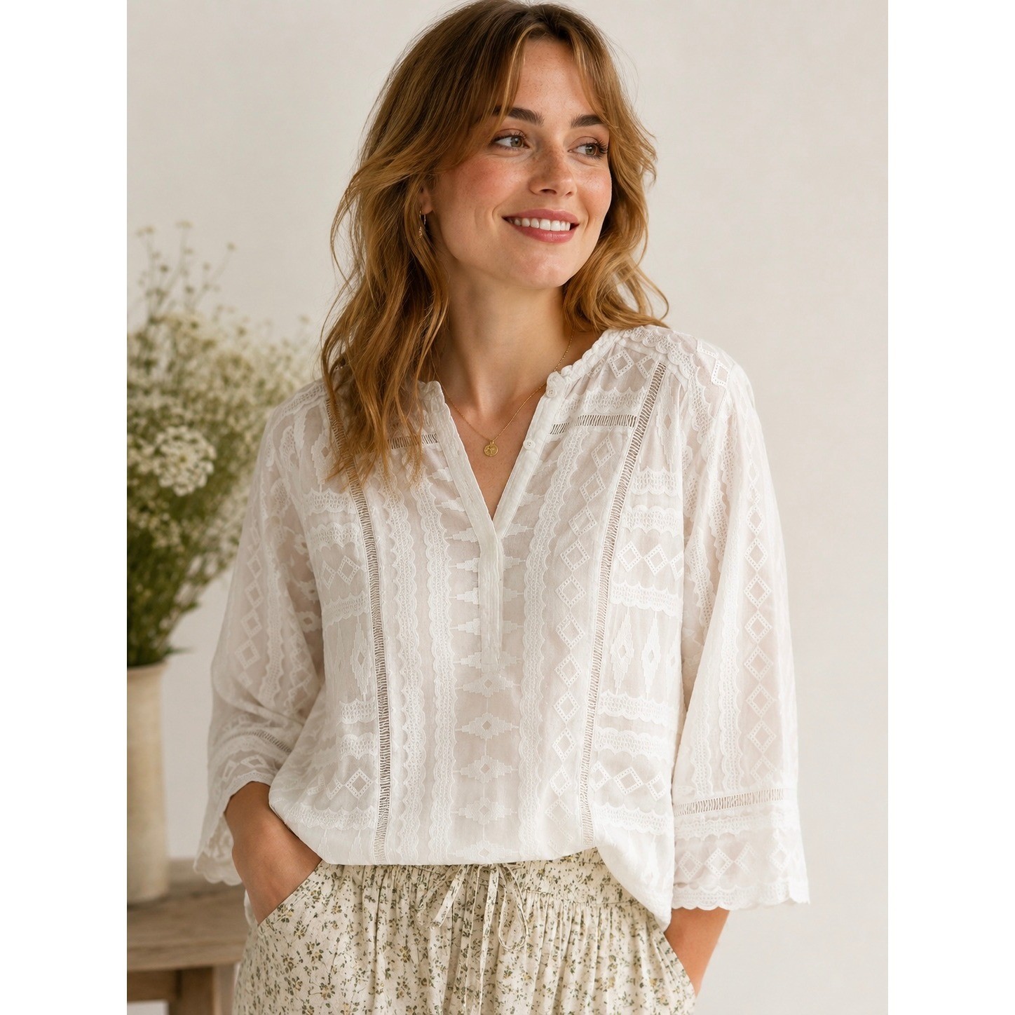Rebecca Taylor Eyelet Lace Blouse Womens 4 White Cotton Boho V-Neck Cottagecore