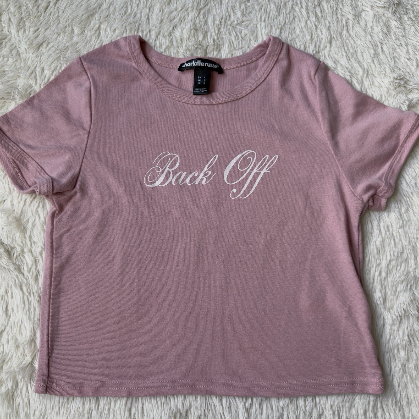 Charlotte Russe Women’s Pink Crop Top Shirt Size L “Back Off” Graphic Tee