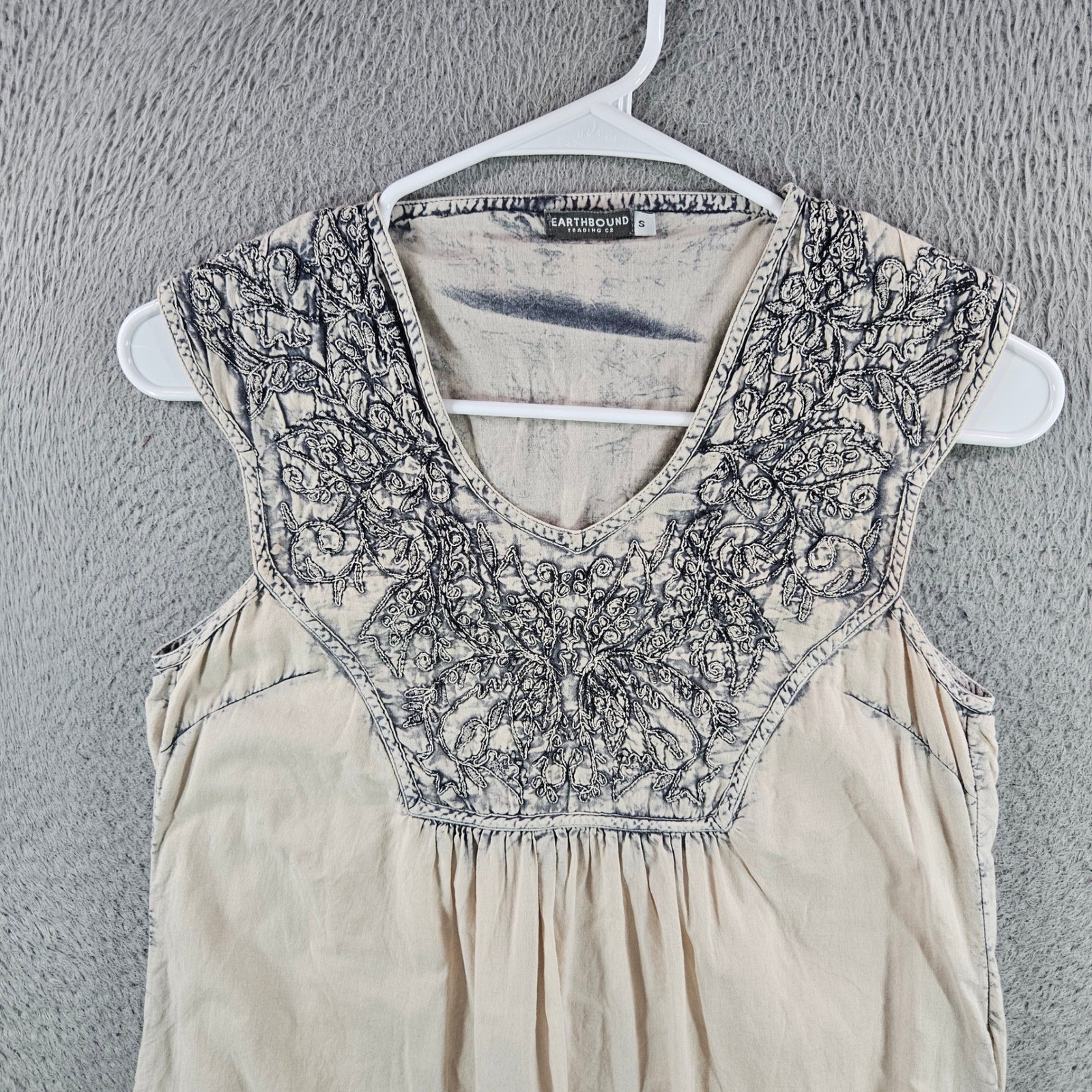 Earthbound Trading Co Womens Small Tan Embroidered Boho Cotton Sleeveless Tunic