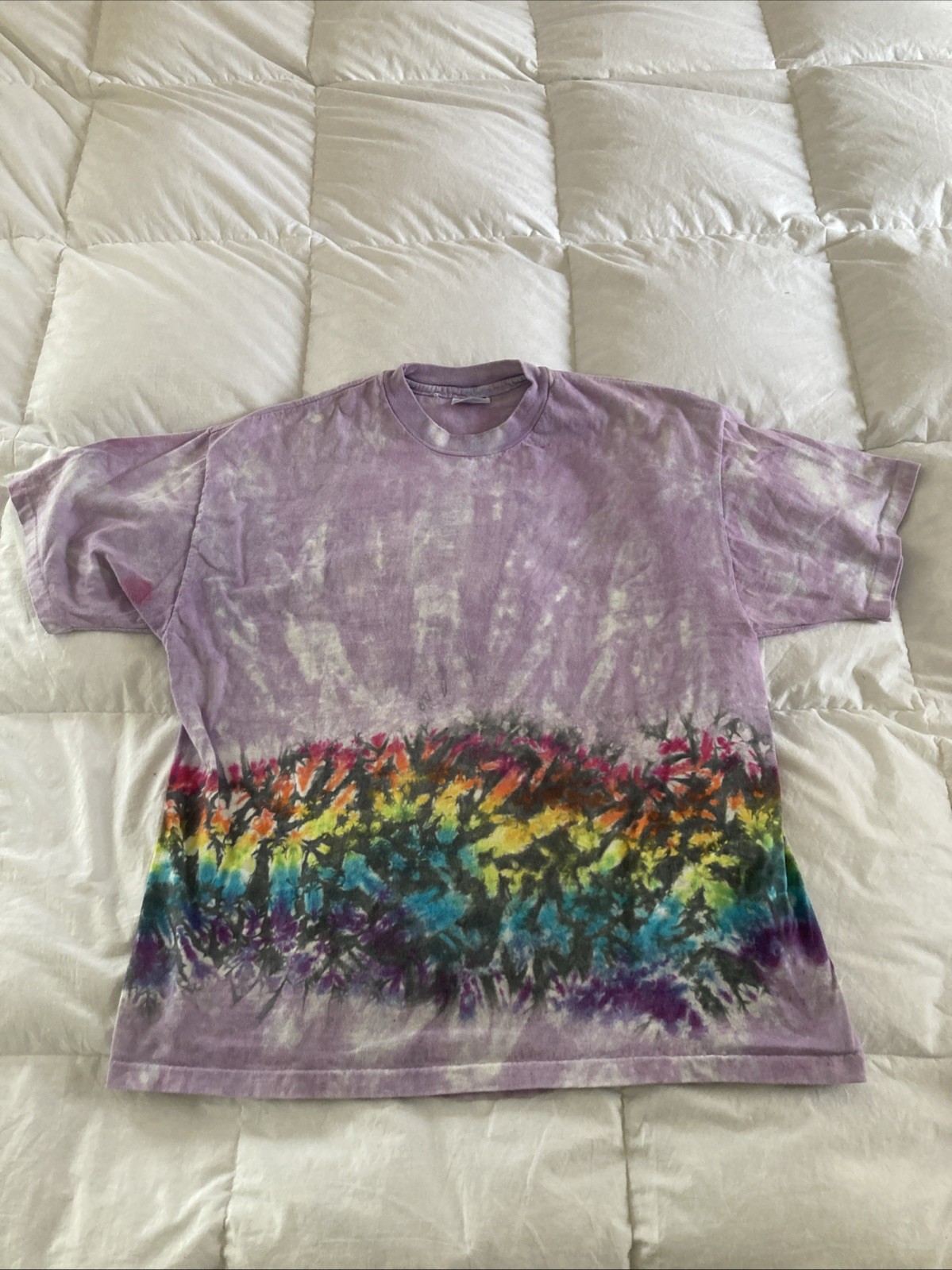 Hippie tie-dye vintage T-shirt, purple, and multi colors in a rainbow band; XL