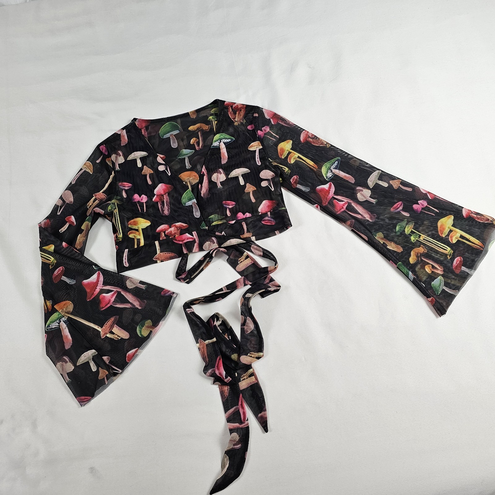 Romwe Sheer Black Mushroom Wrap Crop Top Size S