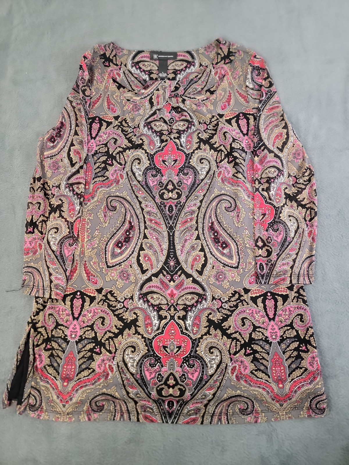 I.n.c Women’s Peekaboo Neck Line Paisley Rhinestone Lined Pullover Top L Nylon L
