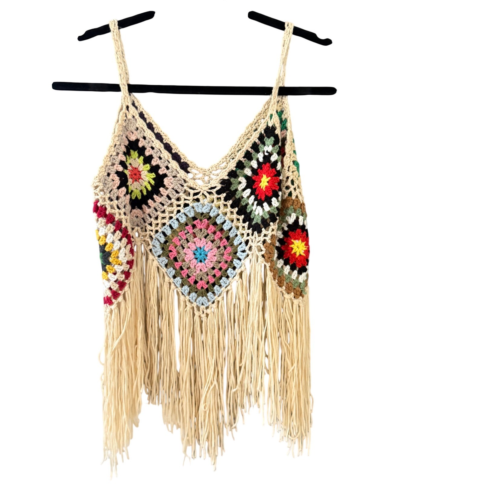 Unbranded Crochet Granny Square Fringe Boho Festival Crop Top One Size Multi