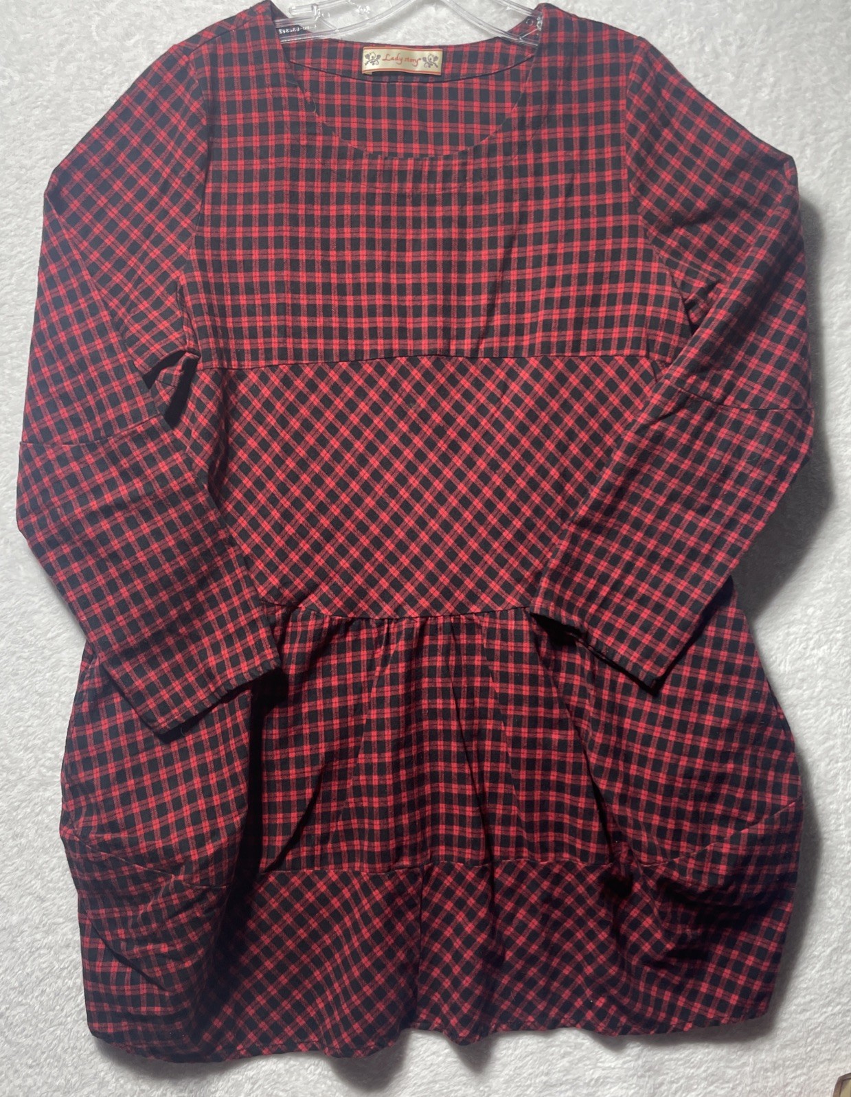 Lady story Women’s Red Black Plaid Tunic Blouse Long Sleeve Pullover