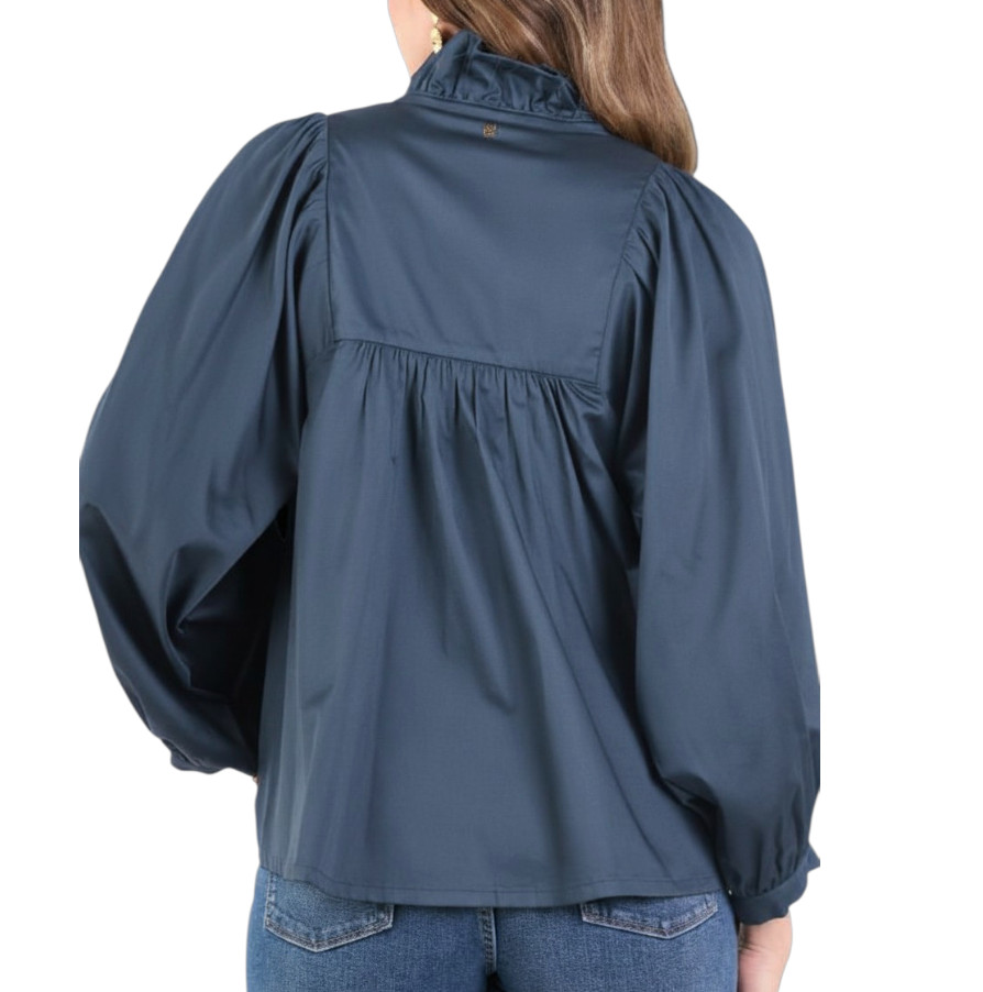 NWT Emily McCarthy VINTAGE INDIGO BLUE Stella Top Poplin RUFFLE STAND Collar XS