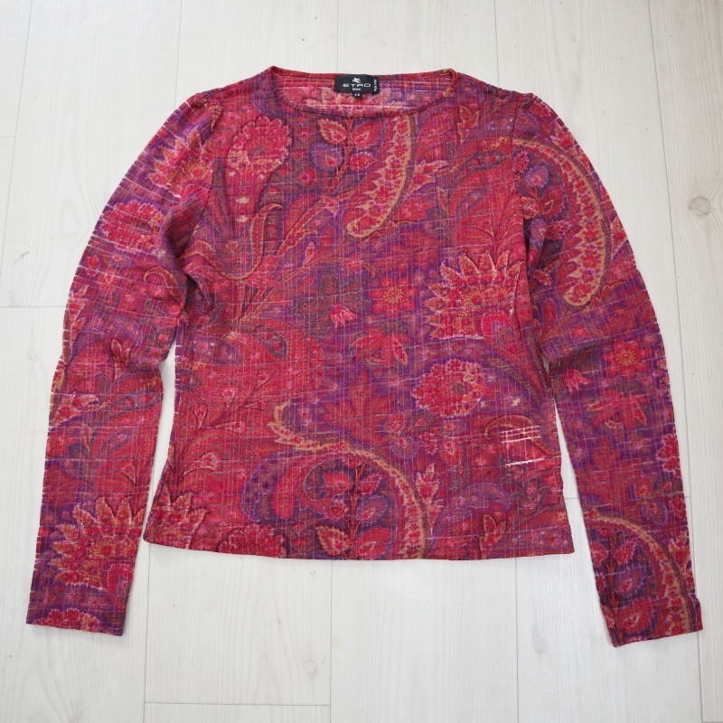 ETRO Paisley Print Wool/Nylon Long-Sleeve Top Size 44 Bordeaux M09-k046