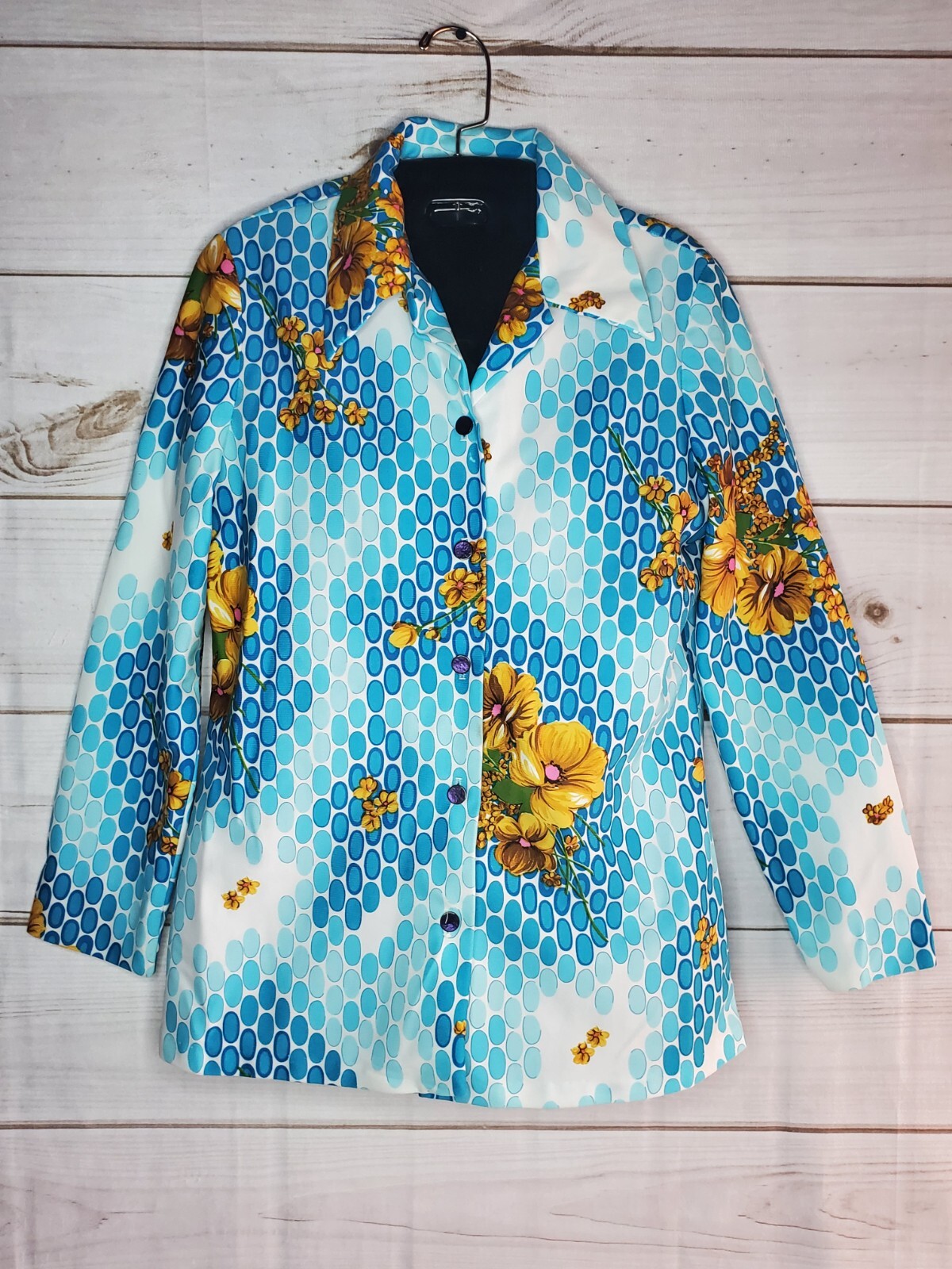 Vintage Hippie Shirt 60s 70s Polyester Flowers Boho Blue Retro Pointed Collar