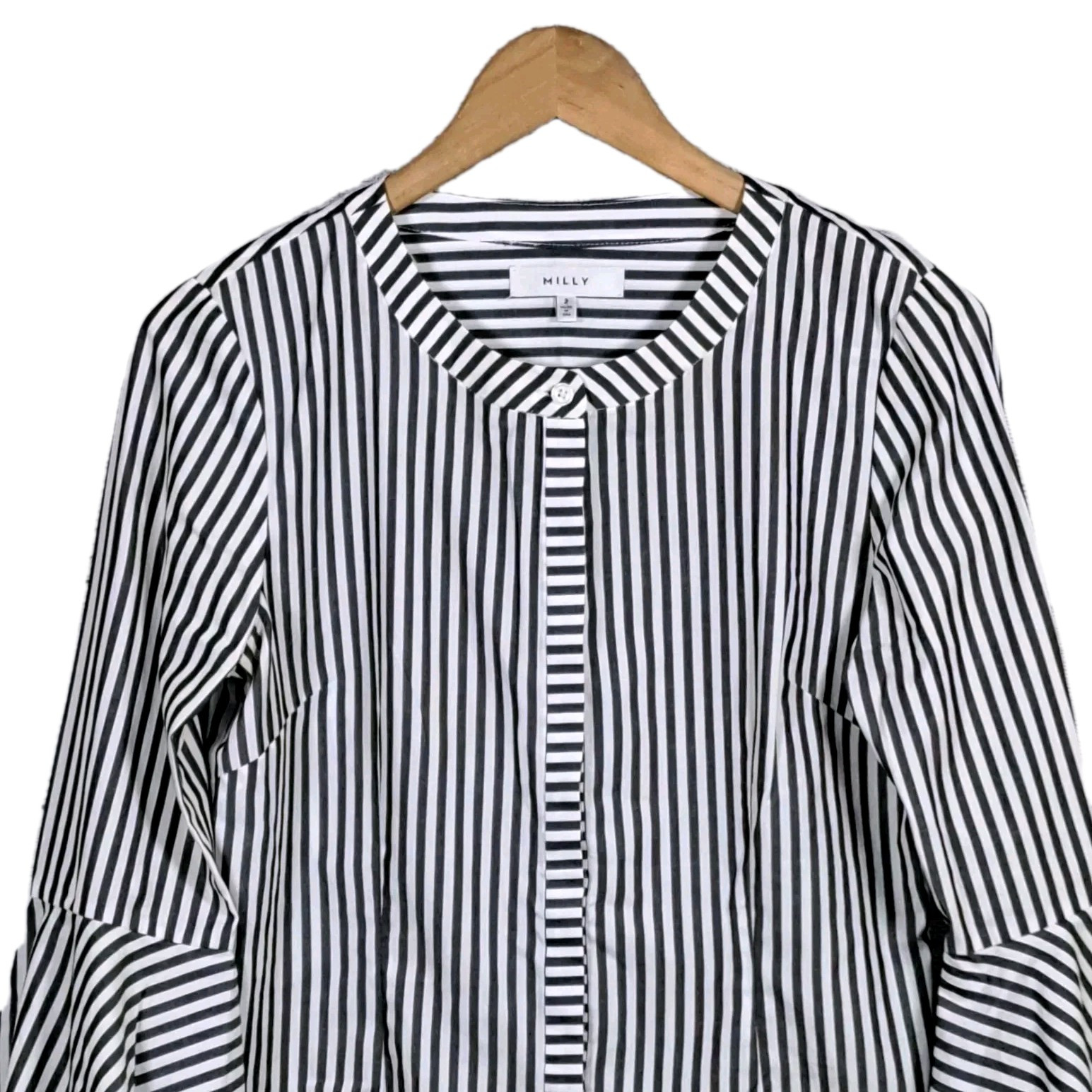 Milly Blouse Womens 2 Charcoal Gray White Striped Bell Sleeve Michelle Button