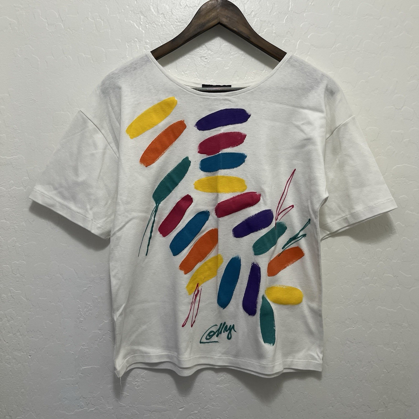 Vtg 90s Hand Painted Style Abstract Colorful Art Tee Artist Signed Single Stitch