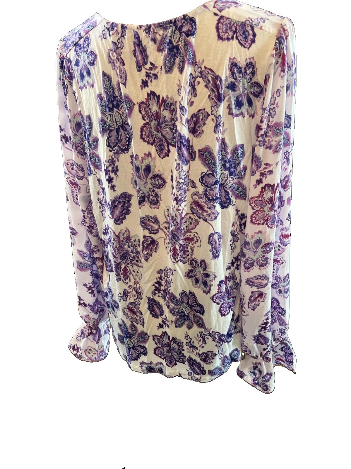 Loft L Purple Floral Pullover Blouse V Neck Long Bell Slvs 100% Rayon Washable