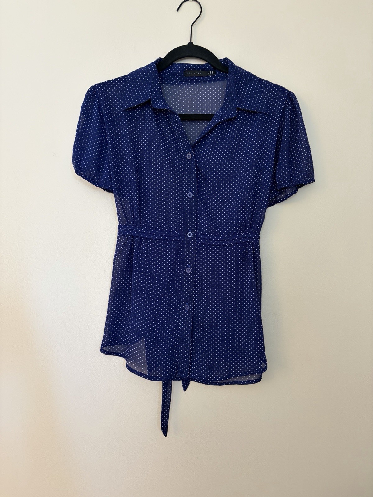 The Limited Women’s Y2K Silk Navy &White Polka Dot Button Up Short SleeveBlouse