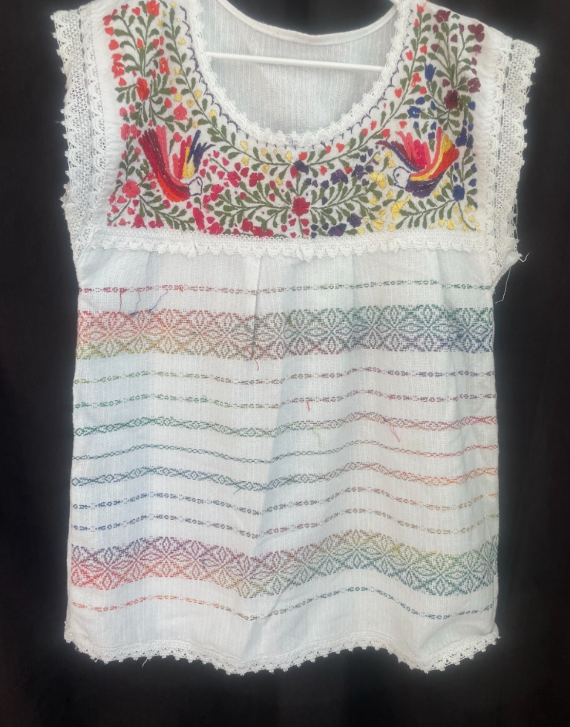 Traditional Telar Woven Tunic Top Embroidered Flowers Birds Chiapas NWOT M