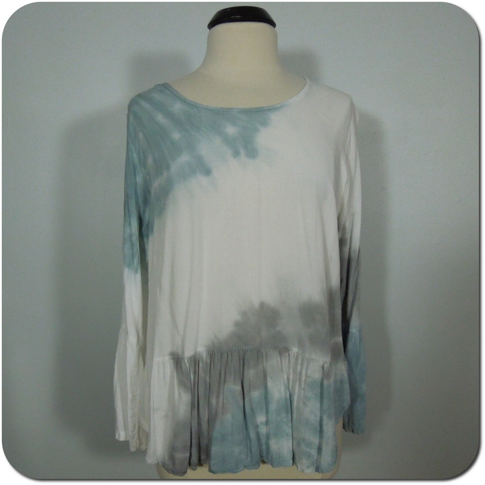 WOMENS Blouse Casual Tie-Dye Ruffle Bottom Wide Sleeves White Blue Gray