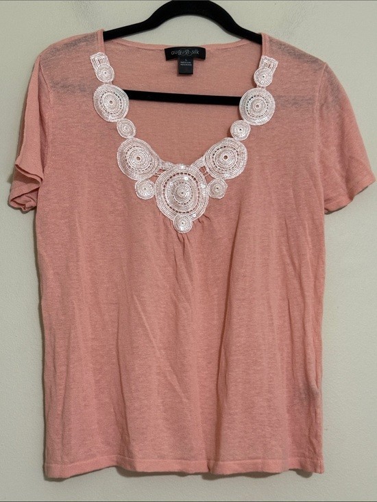august silk Peach Short Sleeve Tee blouse women L linen Applique details boho