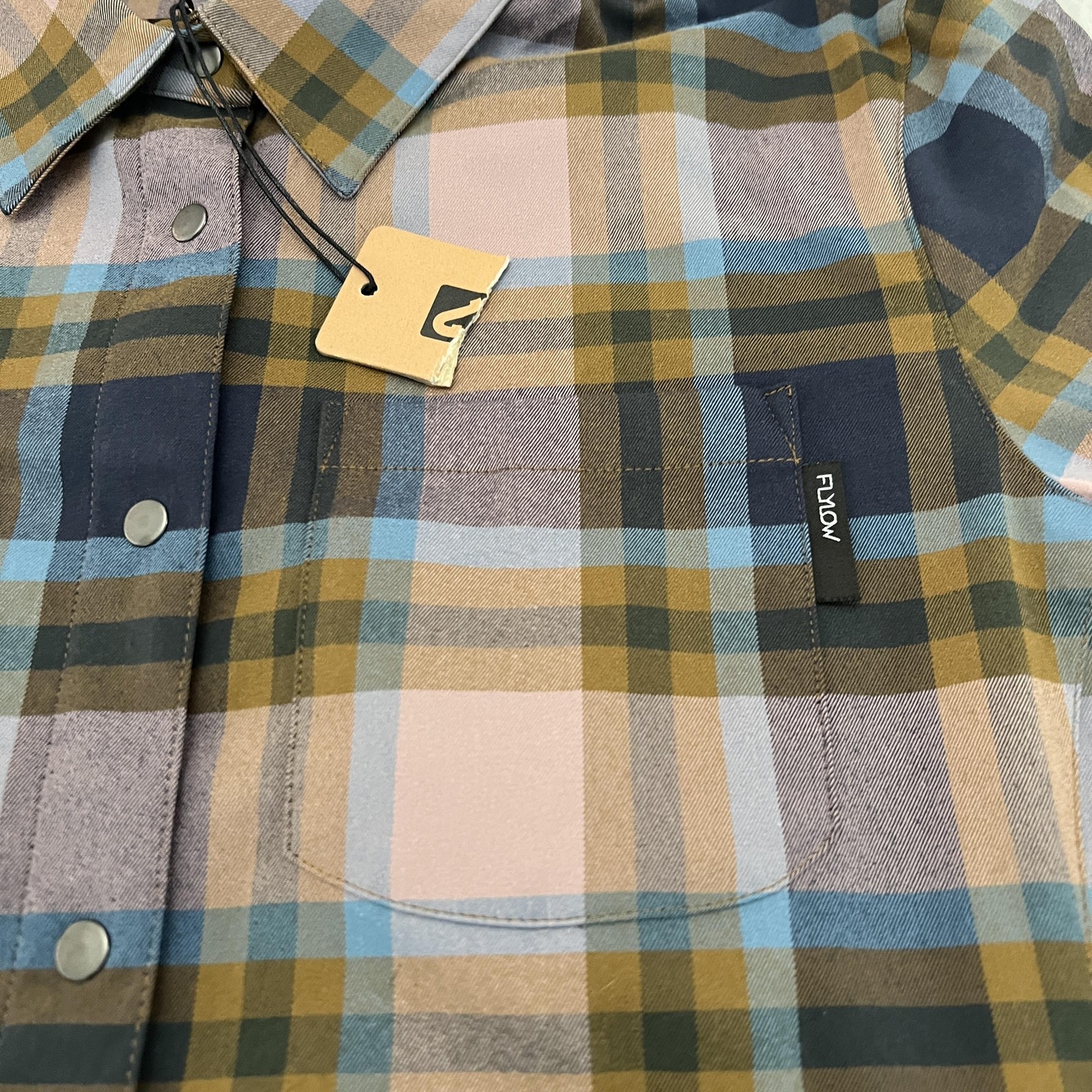Flylow Brigitte Tech Flannel Shirt Womens Large RyePlaid Snap Button Up