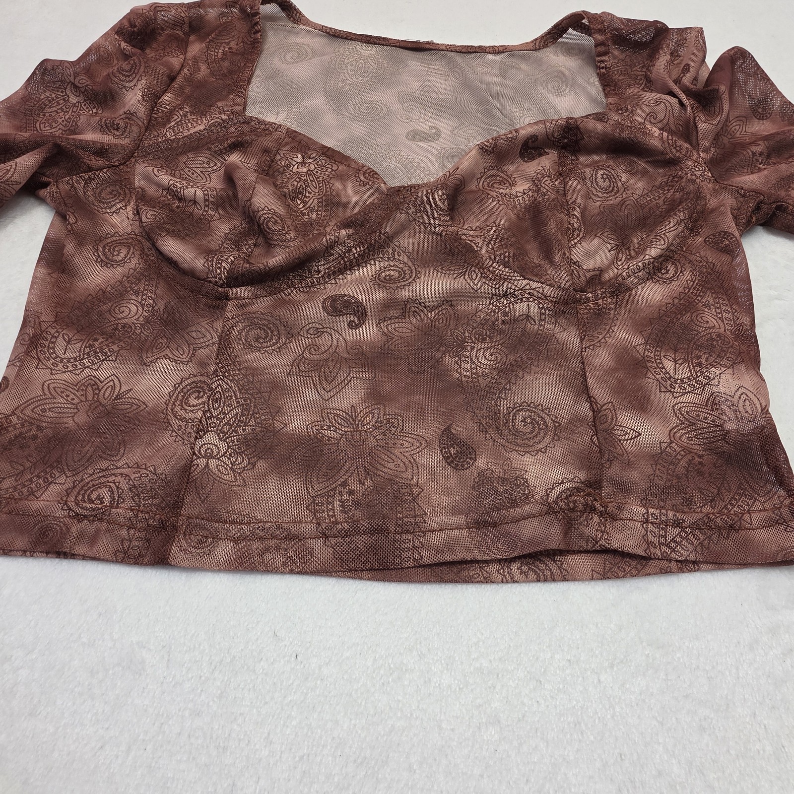 Outcast Mesh Crop Top Brown Paisley Sheer Long Sleeve Y2K Women