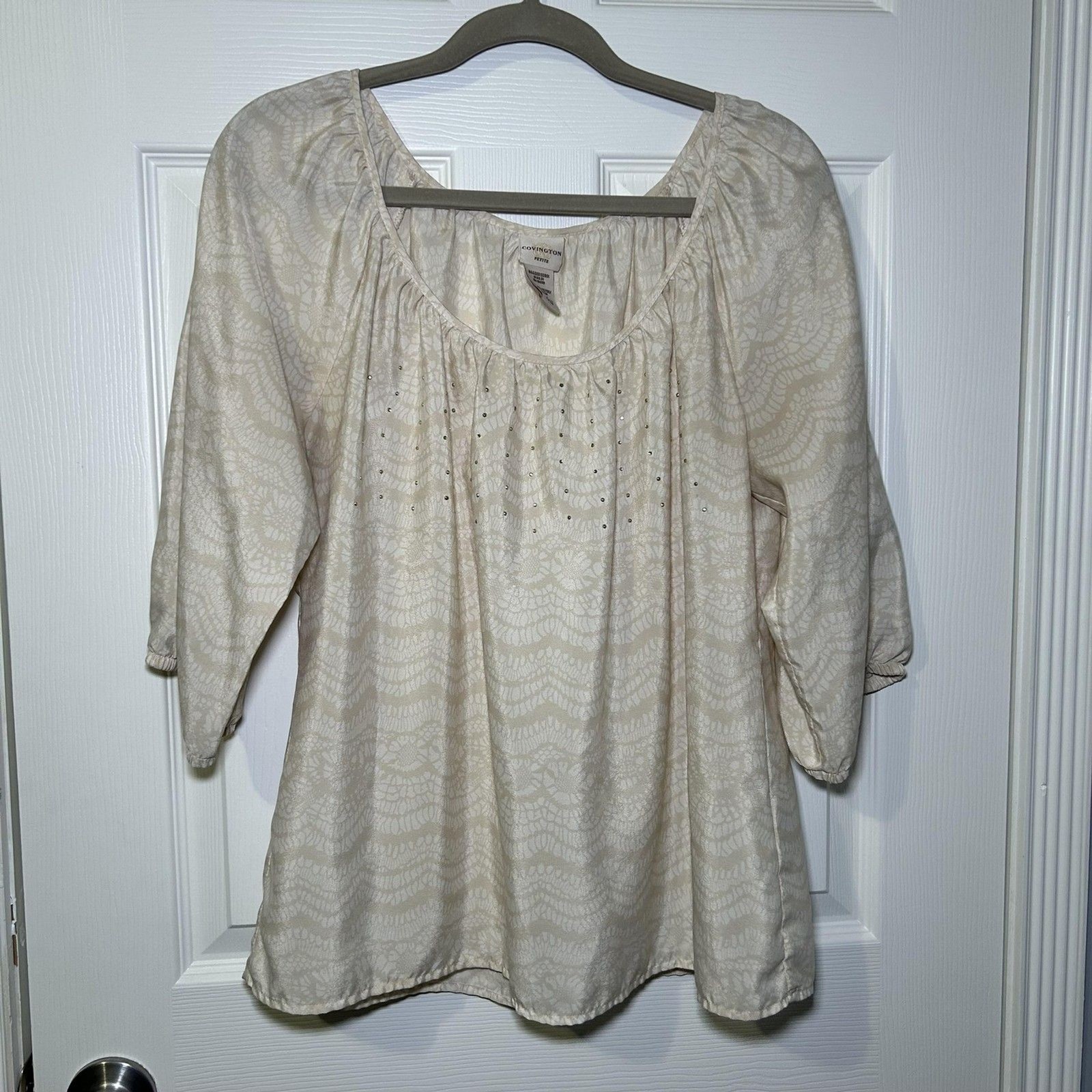 Covington Blouse Women’s XLP White Geometric Rhinestone Scoop Neck Tunic Top