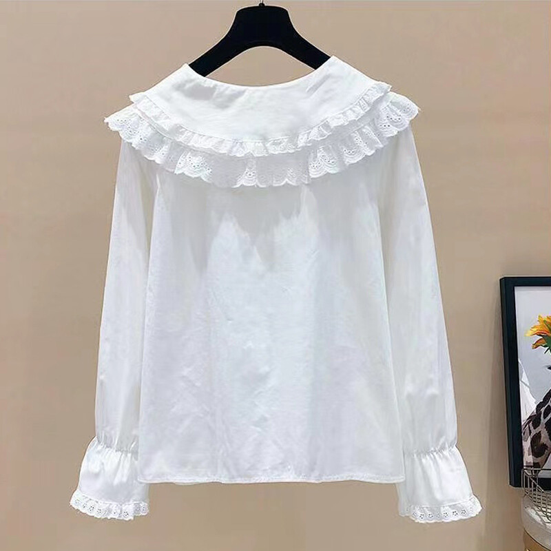 Office Lady Clothes Black White Lace Collar Top Lolita Cute Shirt Women Blouse