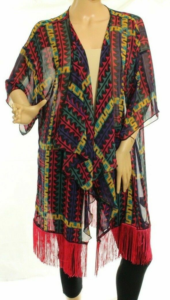 LuLaRoe Monroe Women’s Fringe Kimono Fuchsia Multi-color Size L
