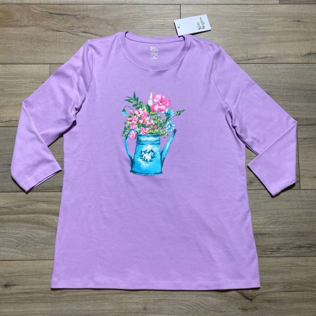 Kim Rogers Womens Perfectly Soft 3/4 Sleeve Watercan Graphic Tee Size M Lilac