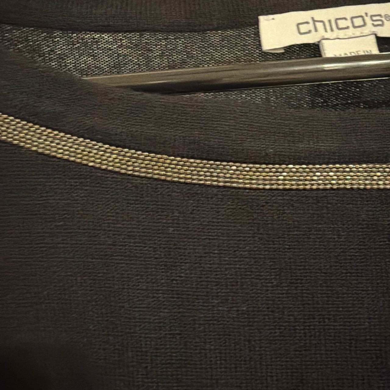 Chico’s Black Long Sleeve Blouse with Chain Link Neckline Trim, Size 4 XXL