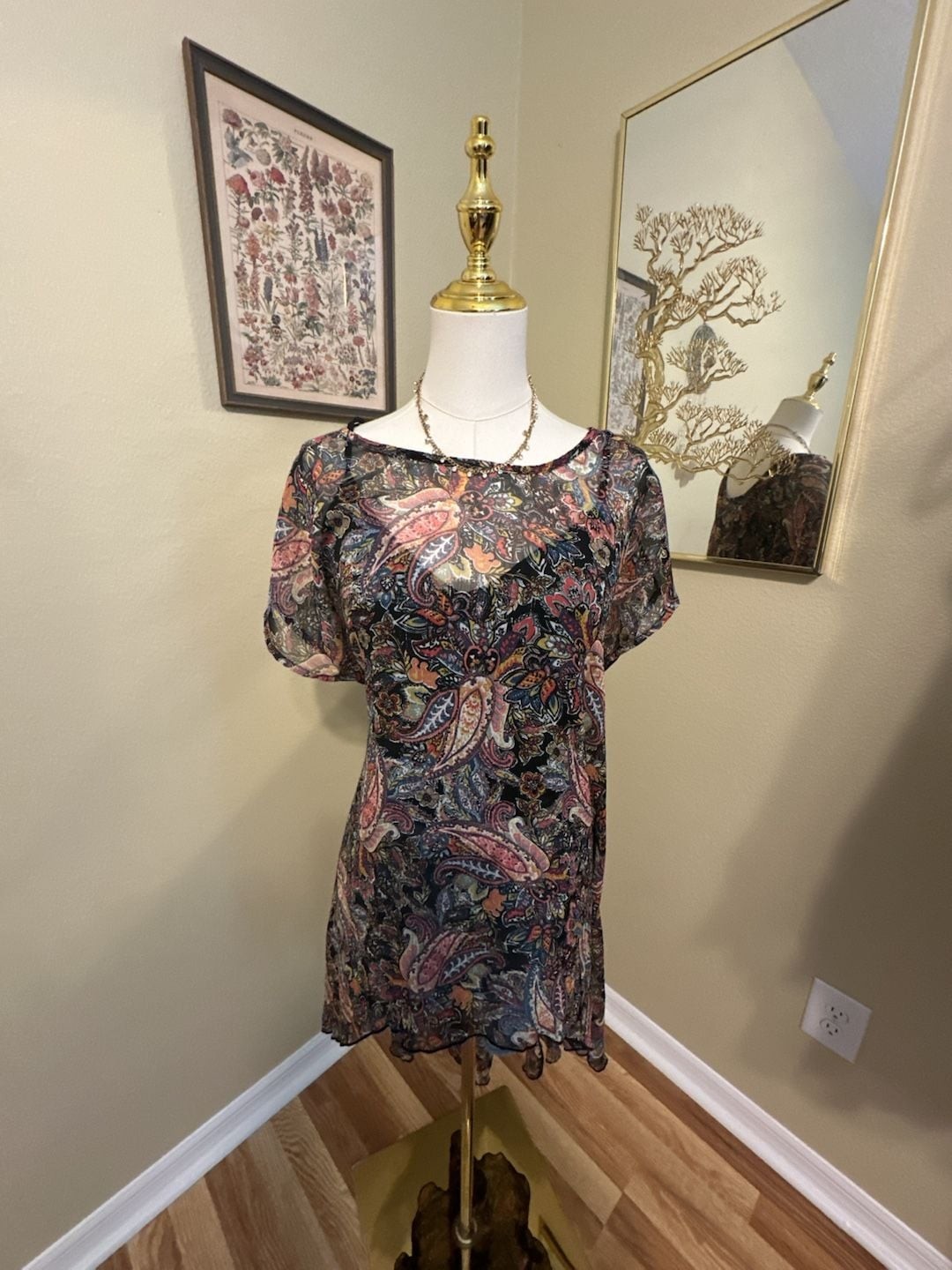 Chacha Vente Women’s Short Sleeve High-Low Paisley Print Sheer Tunic Top Size S