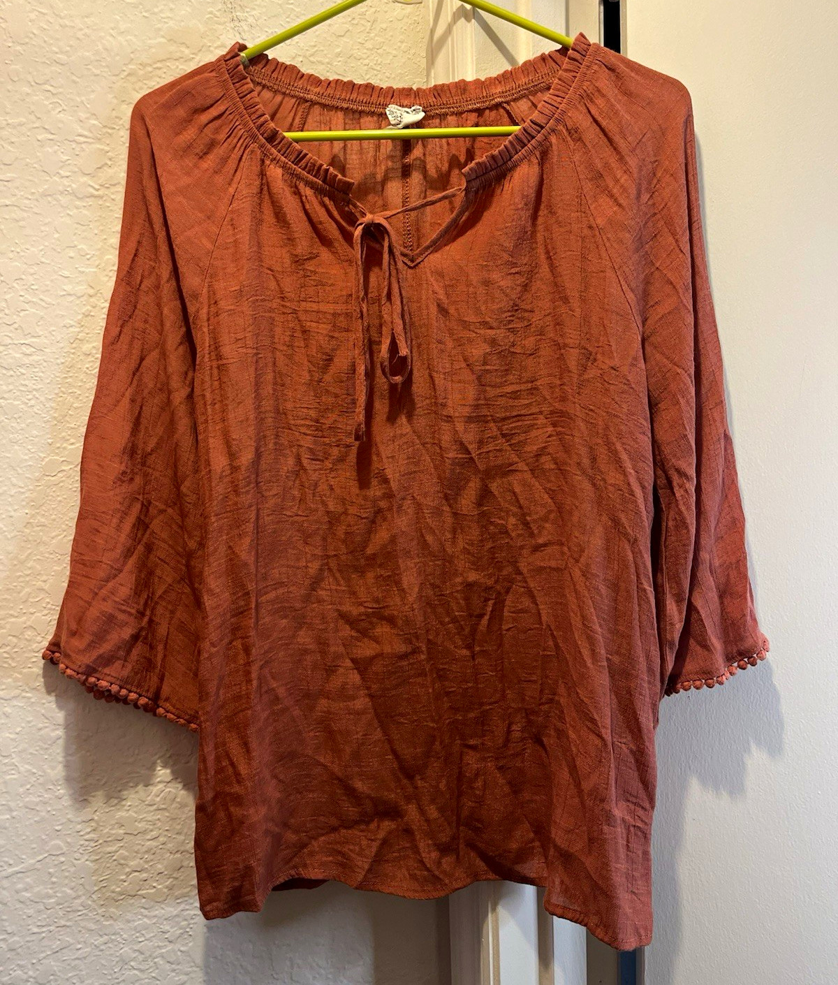 Women’s Brown Solid Peasant Blouse Cotton Woven V-Neck Tie Neck 3/4 Sleeve M