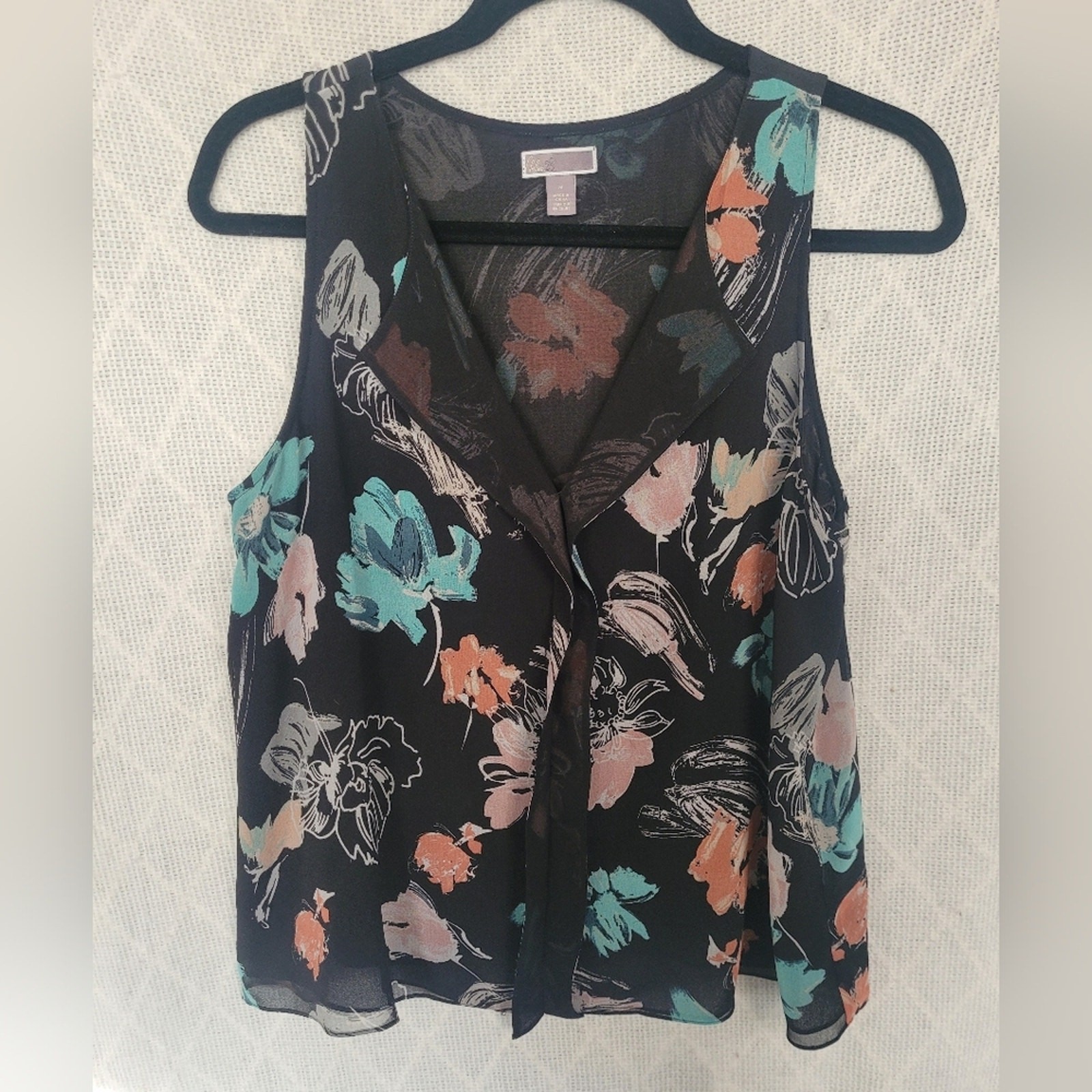 Chelsea28 Black Floral Tie-Front Sleeveless Camisole with Teal & Peach Blooms