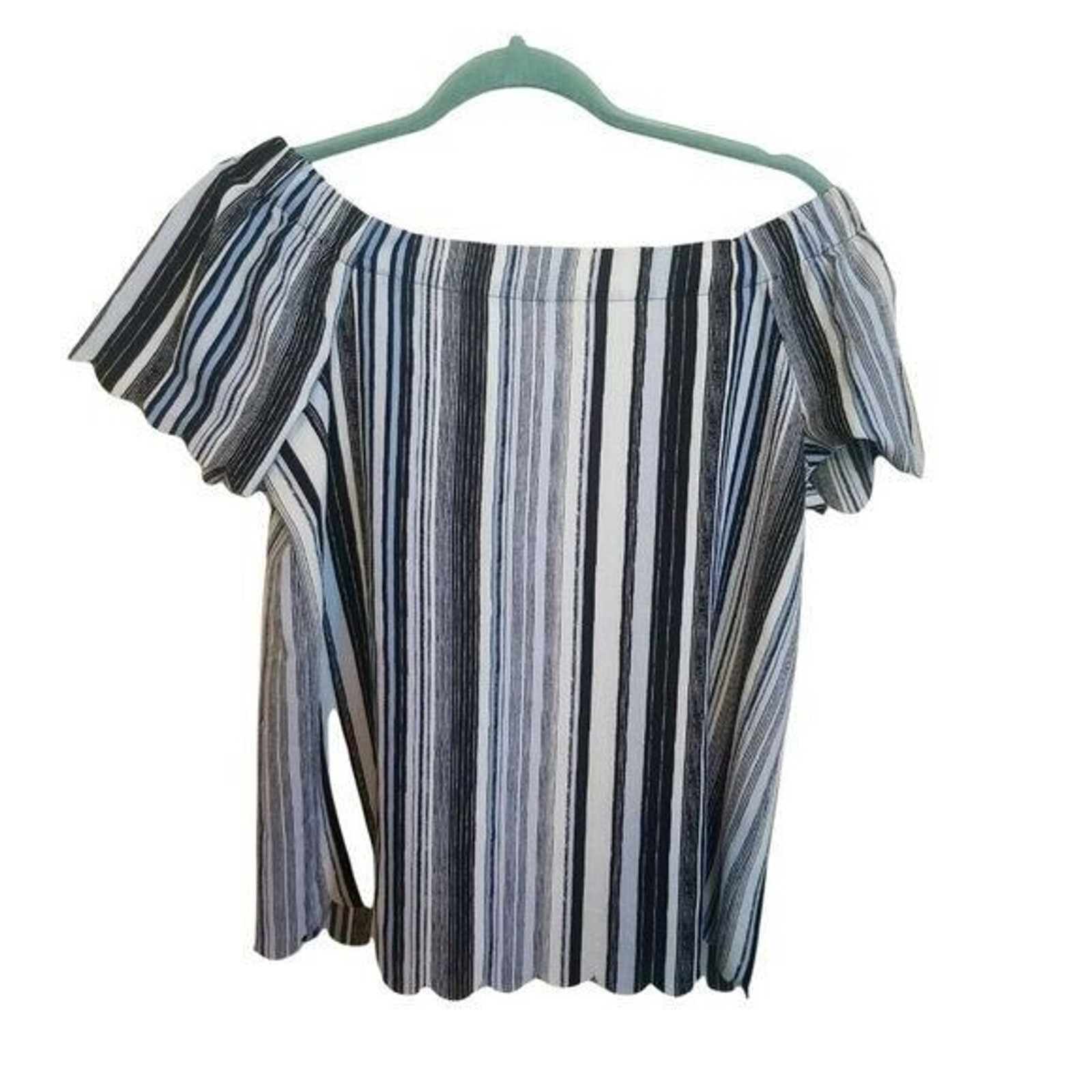 ELLE Womens Sz XS Blue White Striped Off The Shoulder Scalloped Hem Blouse
