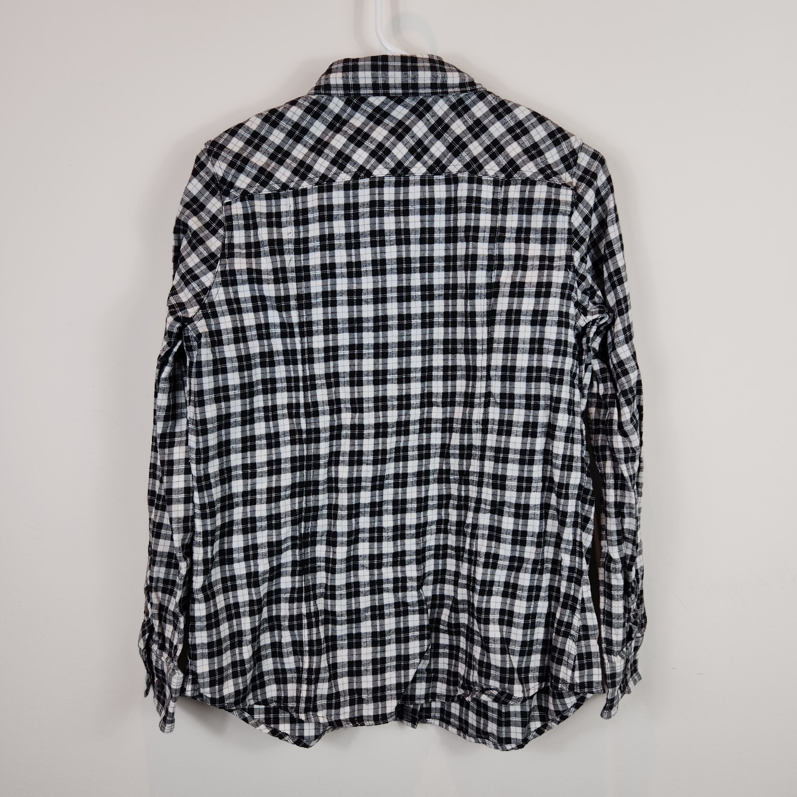 Blue Mountain Flannel Shirt Womens Small Plaid Black White Button Long Sleeve