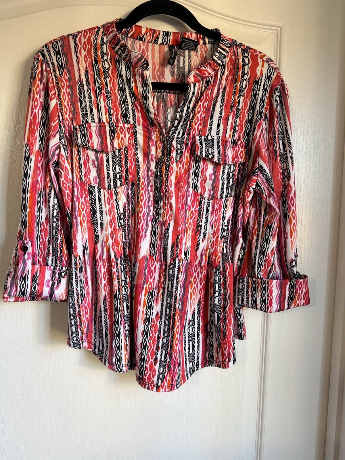 New Directions Petite Blouse PL Boho Aztec Print Roll Tab Sleeve Top