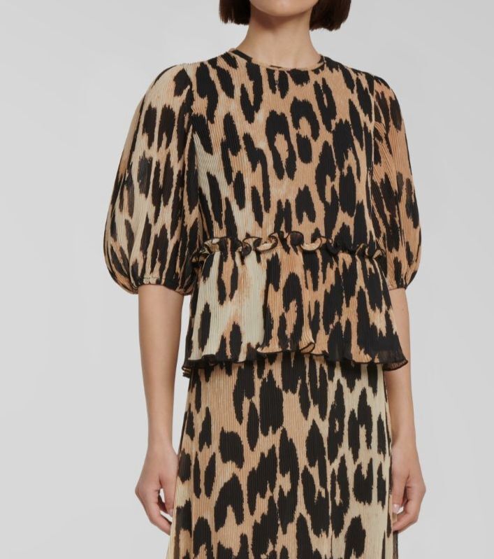 $205 Ganni Women’s Black Leopard Georgette Sleeve Blouse Top Size EU 32/US 0