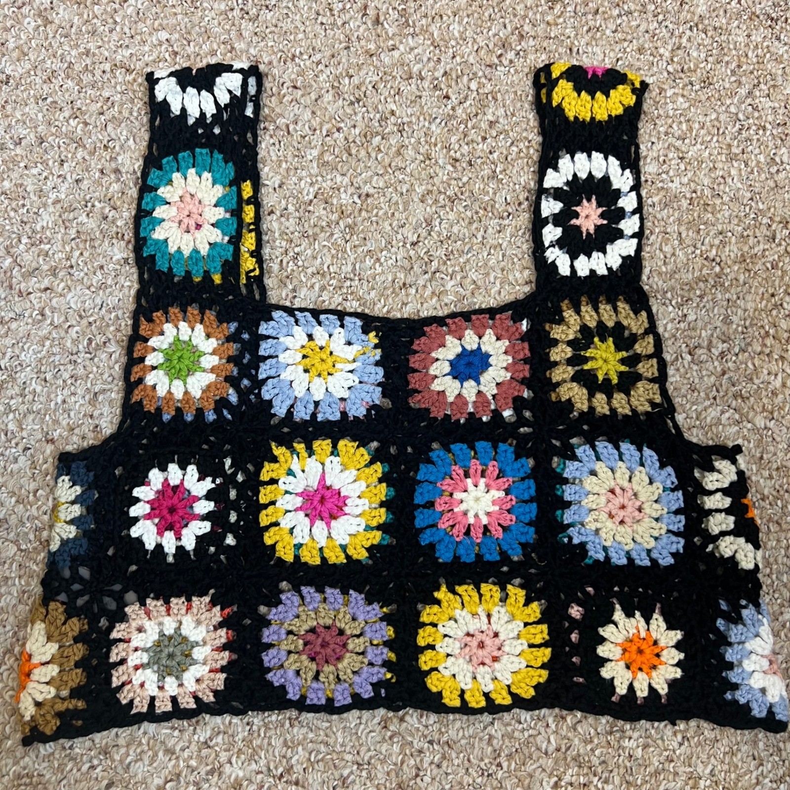 Handmade Crochet Granny Square Crop Top Multi-Color Boho Knit Tank Vest Black