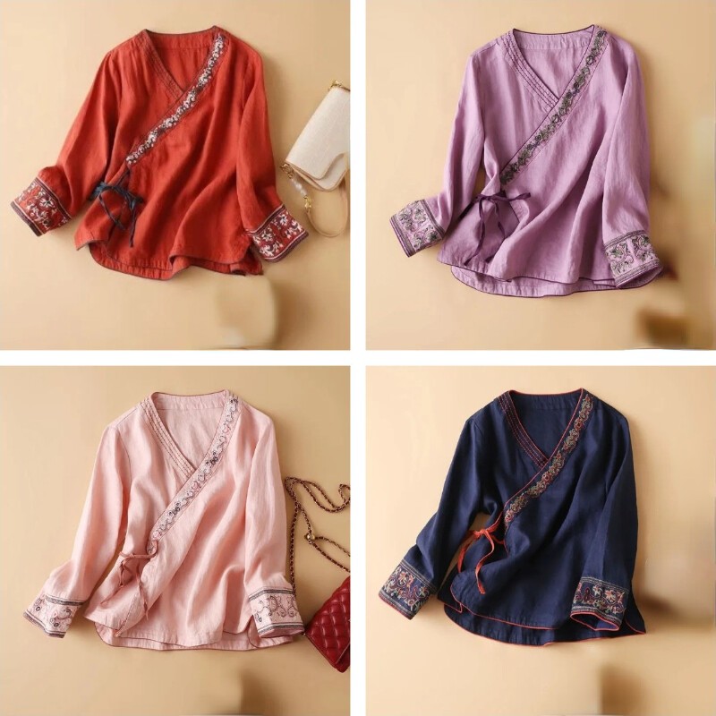 Lady Top Chinese Shirt Blouse Floral Hanfu Embroidery Floral Casual Ethnic Retro