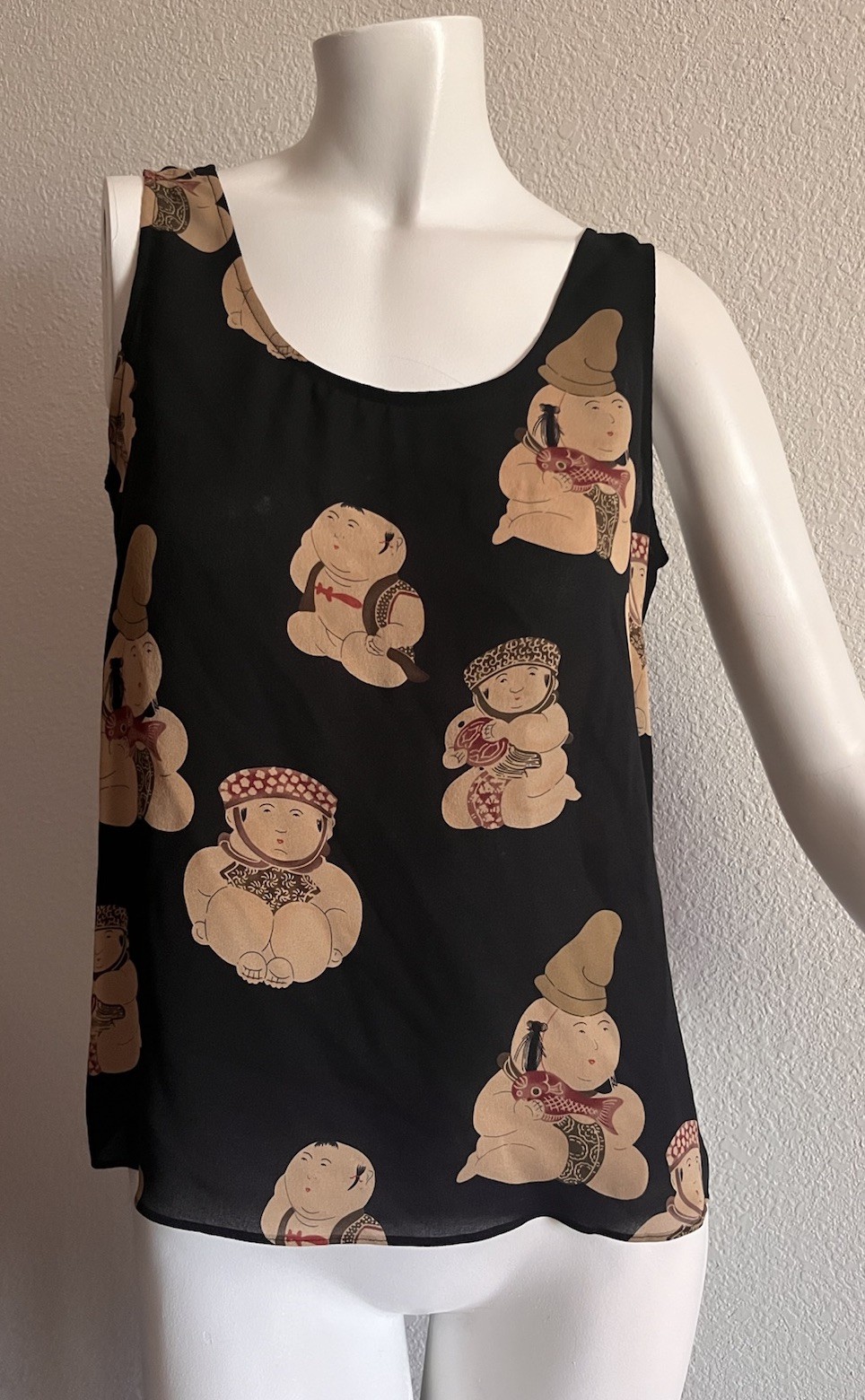 Harari 100% Silk Novelty Print Tank Top Womens Small Asian Folk Art Black Buddha