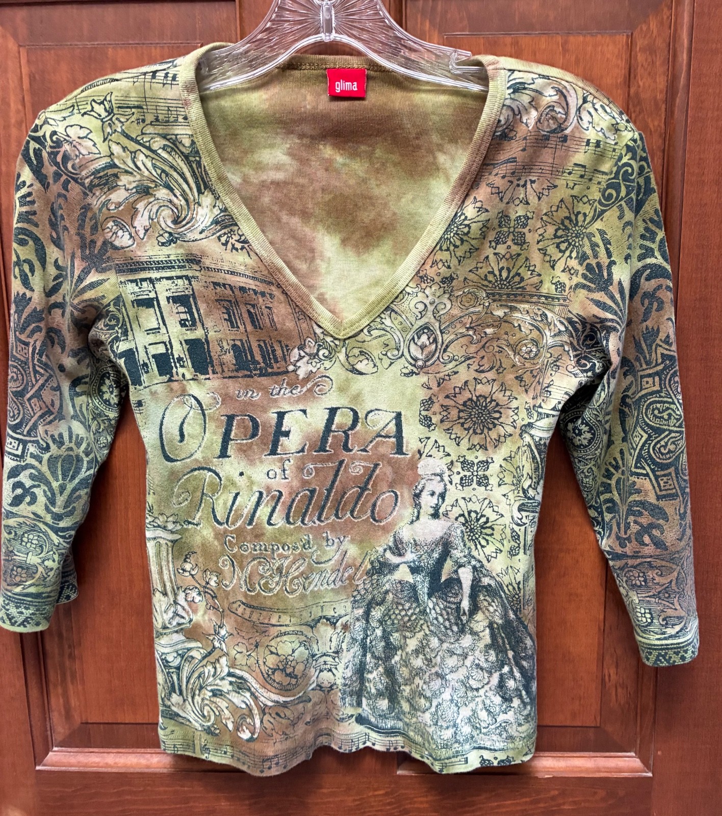 Glima Y2K VTG 90s Shirt Sz M Browns & Greens 3/4 Sleeves V Neck
